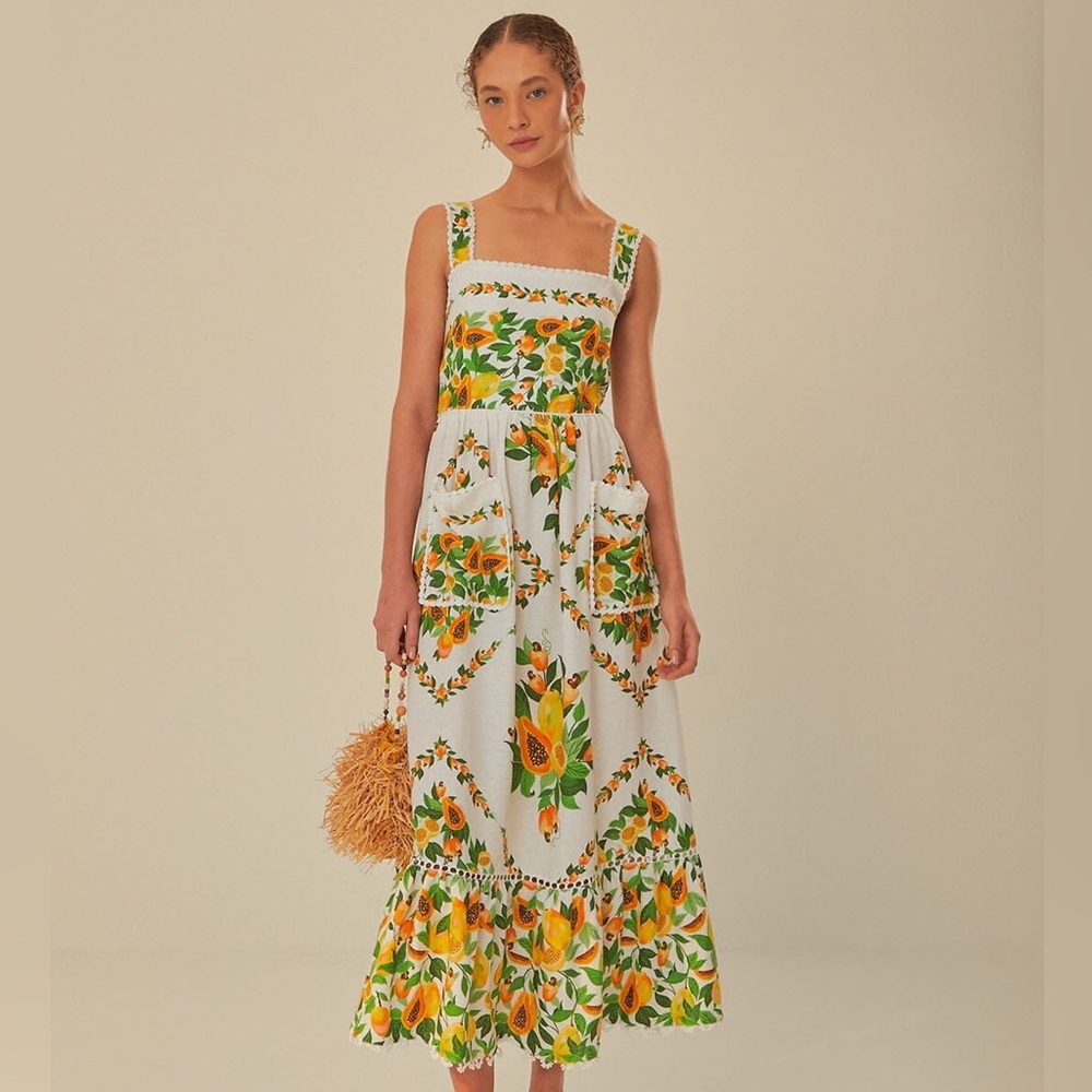 Price Reduced! FARM RIO Papaya Salad Maxi Dress Back Tie Size Medium CALLOUT